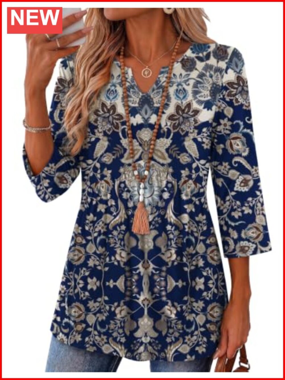 3/4 Sleeve V Neck Tunic Blouse Ruched Babydoll Top